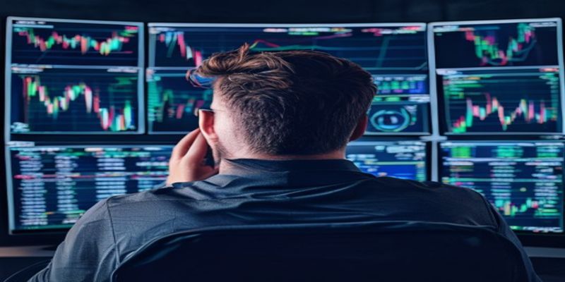 trader looking at multiple screens with stressed expression